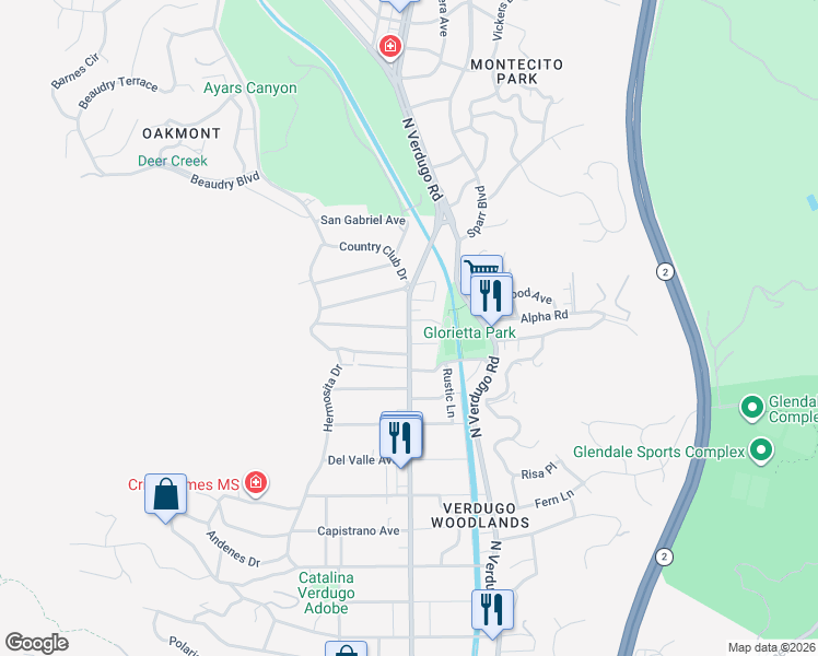 map of restaurants, bars, coffee shops, grocery stores, and more near Canada Boulevard & Santa Barbara Avenue in Glendale