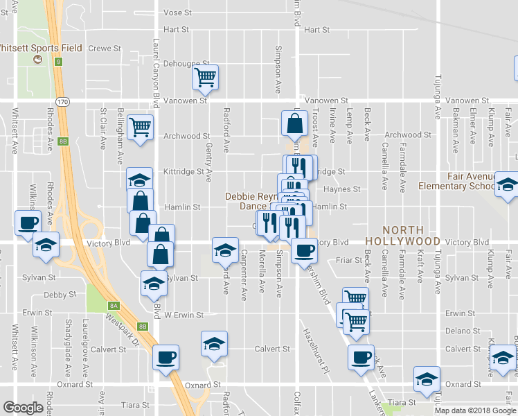 map of restaurants, bars, coffee shops, grocery stores, and more near 11808 Hamlin Street in Los Angeles