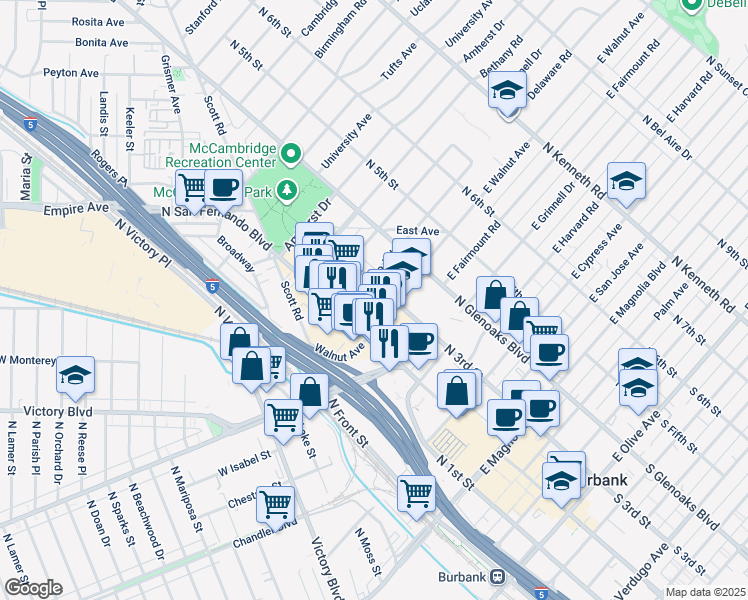 map of restaurants, bars, coffee shops, grocery stores, and more near 1000 North San Fernando Boulevard in Burbank