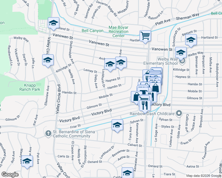 map of restaurants, bars, coffee shops, grocery stores, and more near 23924 Hamlin Street in Los Angeles