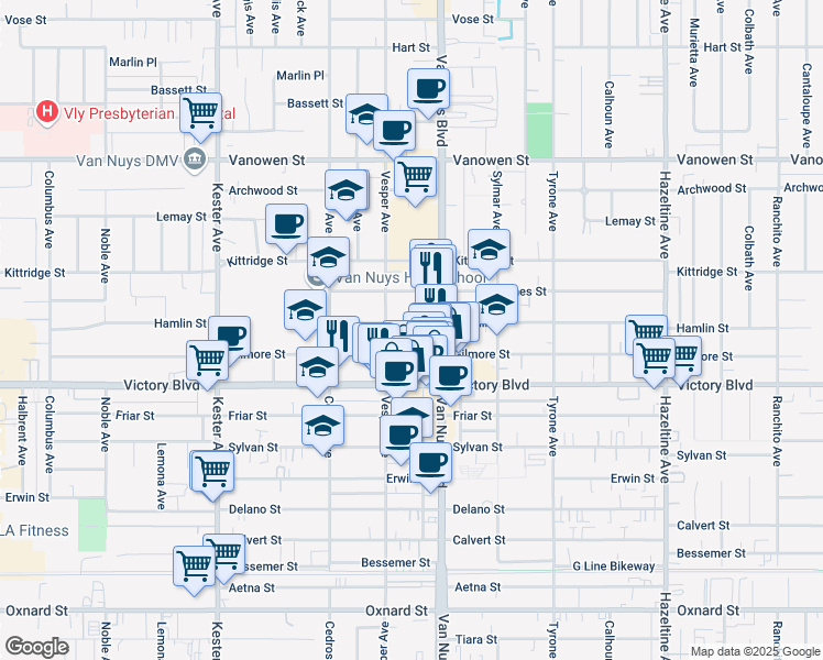 map of restaurants, bars, coffee shops, grocery stores, and more near 14541 Gilmore Street in Los Angeles