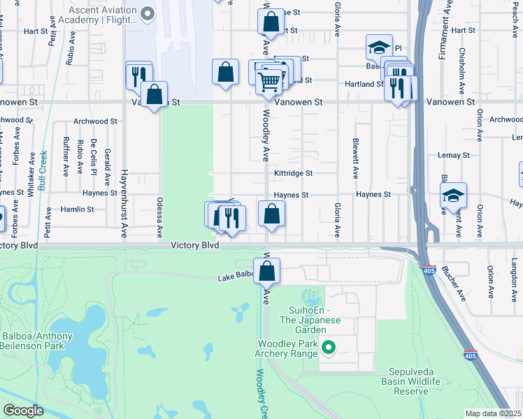 map of restaurants, bars, coffee shops, grocery stores, and more near 6461 Woodley Avenue in Los Angeles