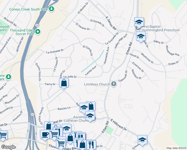 map of restaurants, bars, coffee shops, grocery stores, and more near 1593 La Jolla Drive in Thousand Oaks