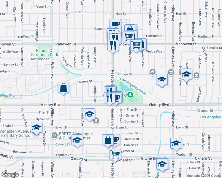 map of restaurants, bars, coffee shops, grocery stores, and more near 6504 Reseda Boulevard in Los Angeles