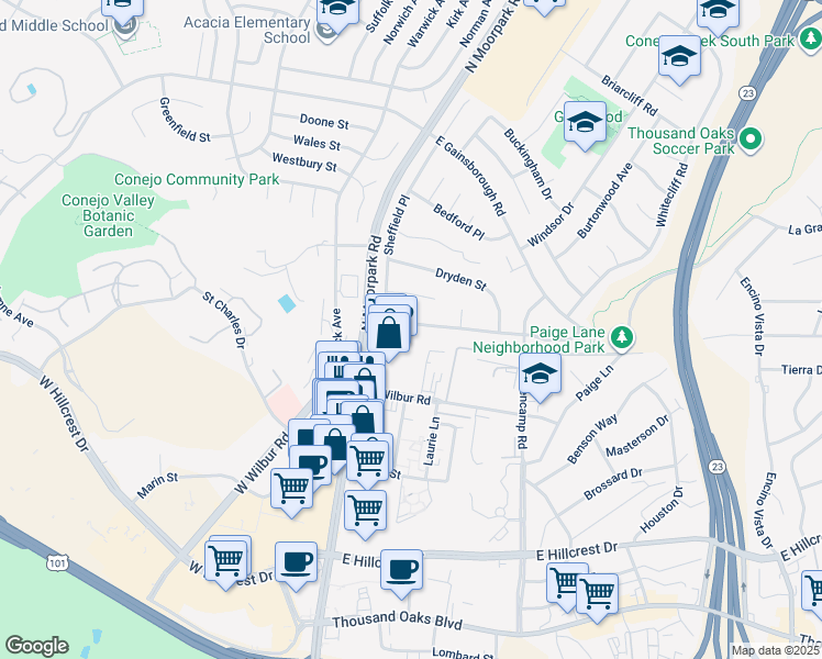 map of restaurants, bars, coffee shops, grocery stores, and more near 148 Galsworthy Street in Thousand Oaks