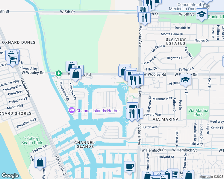 map of restaurants, bars, coffee shops, grocery stores, and more near 1301 Seabridge Lane in Oxnard