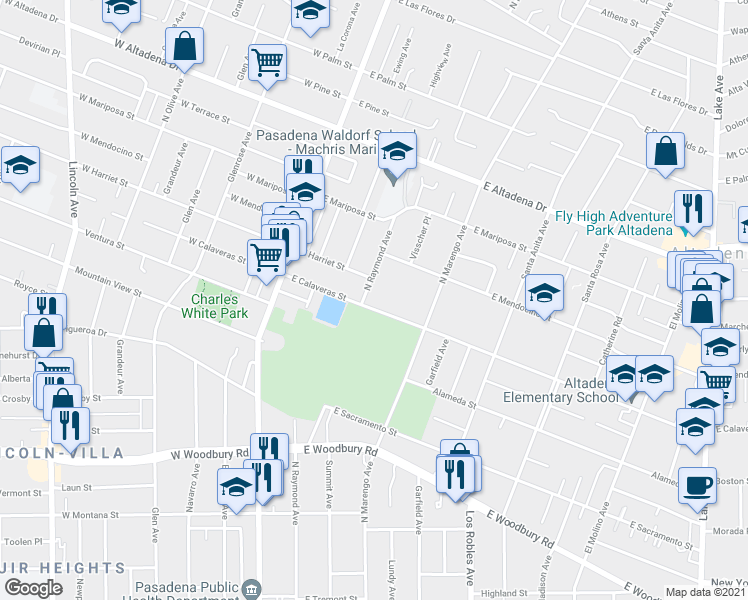map of restaurants, bars, coffee shops, grocery stores, and more near 181 East Calaveras Street in Altadena