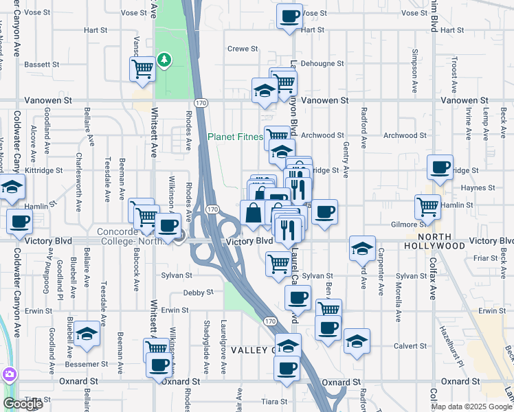 map of restaurants, bars, coffee shops, grocery stores, and more near 11726 Hamlin Street in Los Angeles
