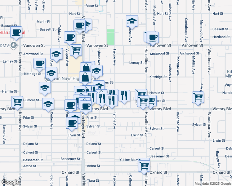 map of restaurants, bars, coffee shops, grocery stores, and more near 14259 Gilmore Street in Los Angeles
