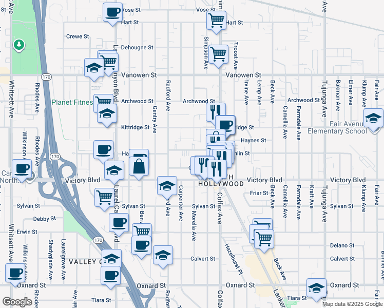 map of restaurants, bars, coffee shops, grocery stores, and more near 11808 Hamlin Street in Los Angeles