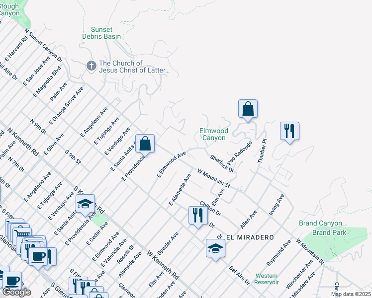 map of restaurants, bars, coffee shops, grocery stores, and more near 1118 East Elmwood Avenue in Burbank