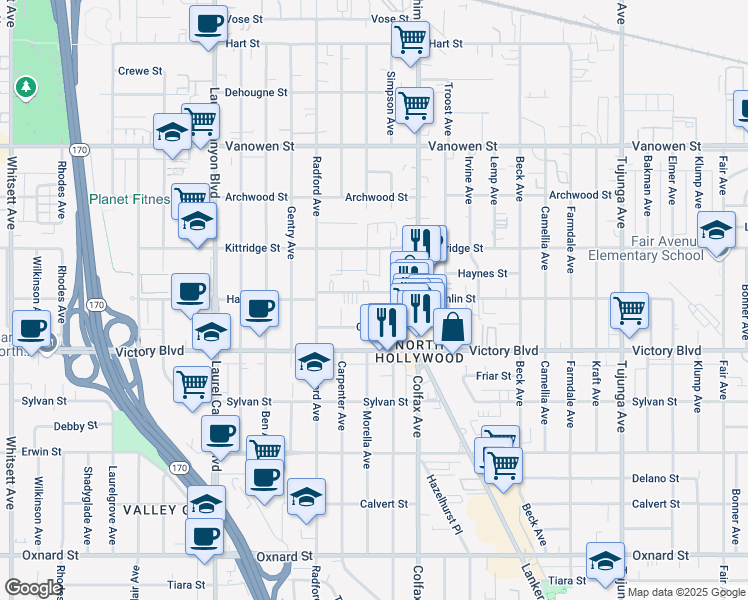 map of restaurants, bars, coffee shops, grocery stores, and more near 11725 Gilmore Street in Los Angeles