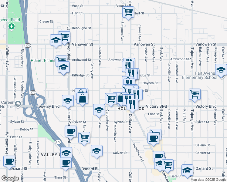 map of restaurants, bars, coffee shops, grocery stores, and more near in Los Angeles