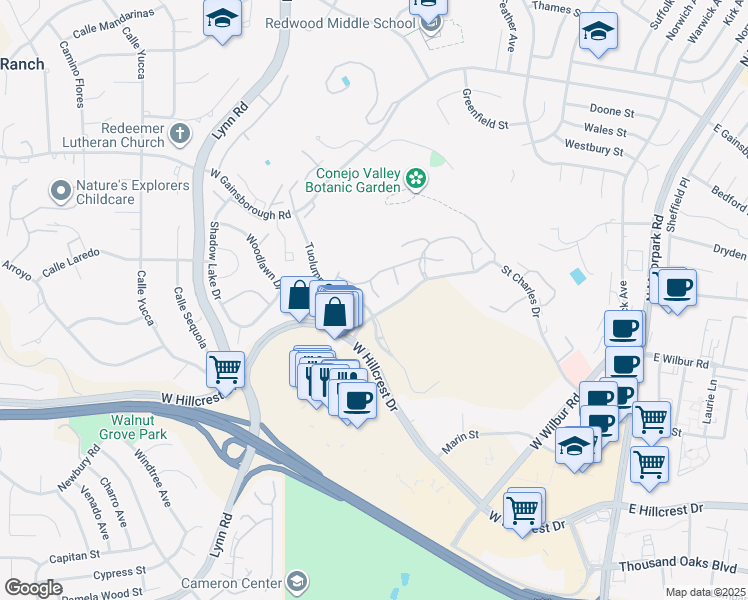 map of restaurants, bars, coffee shops, grocery stores, and more near 424 Tuolumne Avenue in Thousand Oaks