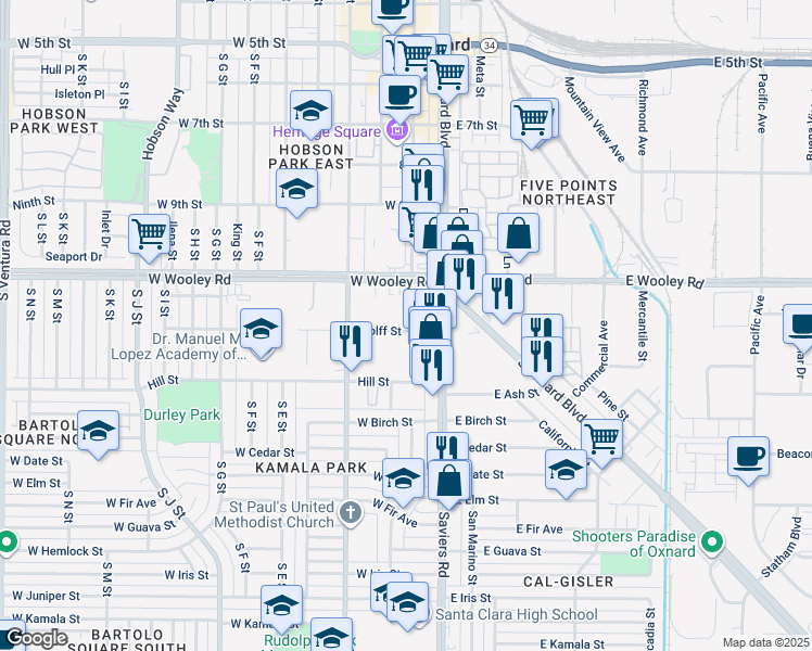 map of restaurants, bars, coffee shops, grocery stores, and more near 232 Wolff Street in Oxnard