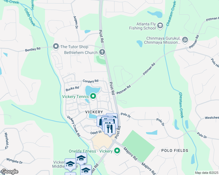 map of restaurants, bars, coffee shops, grocery stores, and more near 7535 Cordery Road in Cumming