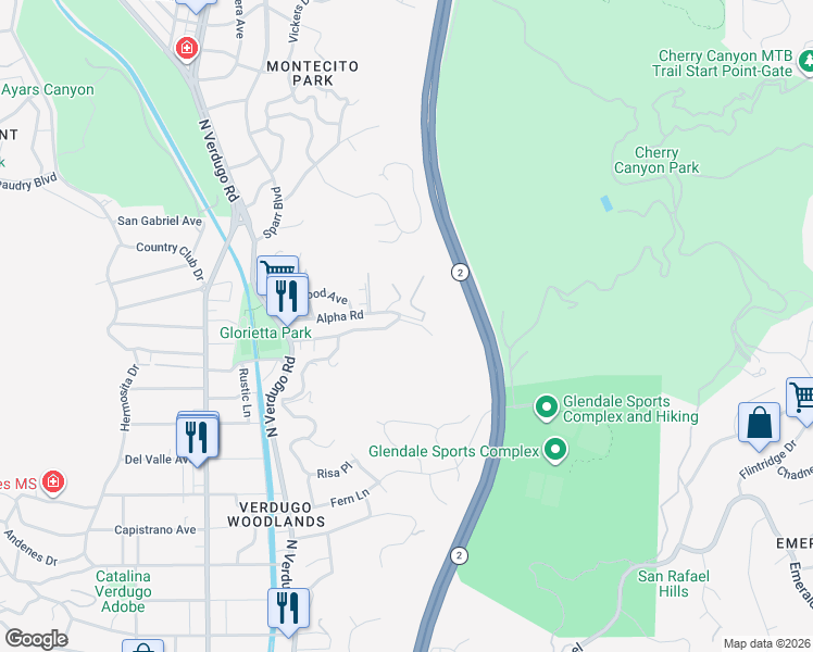 map of restaurants, bars, coffee shops, grocery stores, and more near 1912 Los Encinos Avenue in Glendale