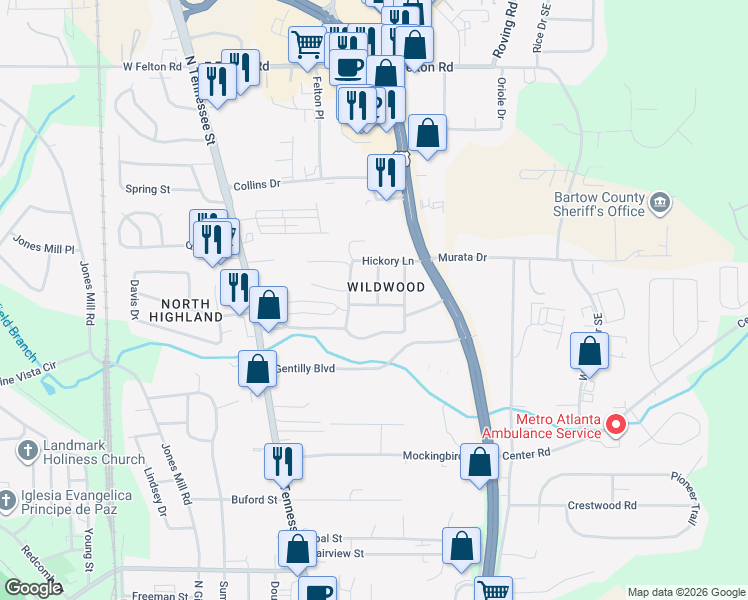 map of restaurants, bars, coffee shops, grocery stores, and more near 2 Birch Way in Cartersville