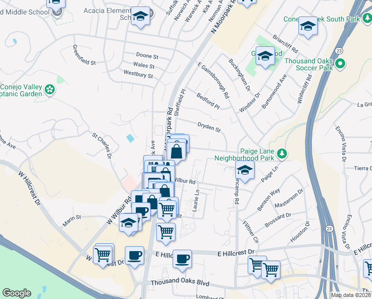 map of restaurants, bars, coffee shops, grocery stores, and more near 148 Galsworthy Street in Thousand Oaks
