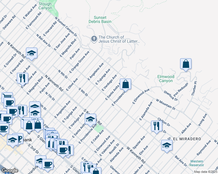 map of restaurants, bars, coffee shops, grocery stores, and more near 1026 East Verdugo Avenue in Burbank