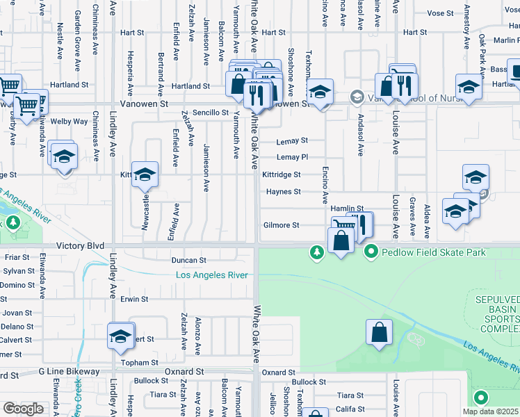 map of restaurants, bars, coffee shops, grocery stores, and more near 19234 Hamlin Street in Los Angeles