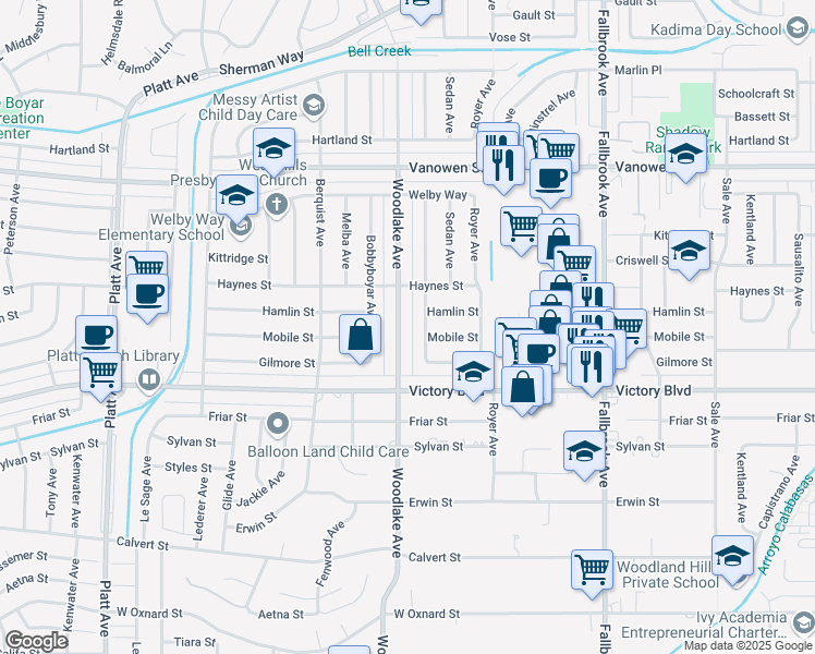 map of restaurants, bars, coffee shops, grocery stores, and more near 6508 Woodlake Avenue in Los Angeles