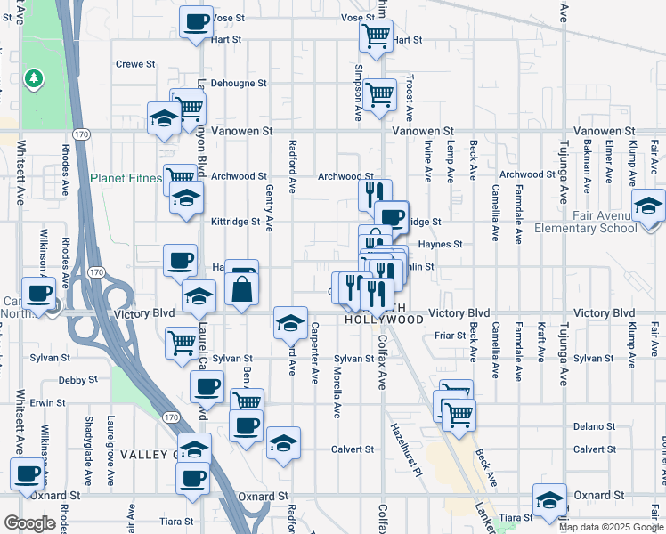 map of restaurants, bars, coffee shops, grocery stores, and more near in Los Angeles