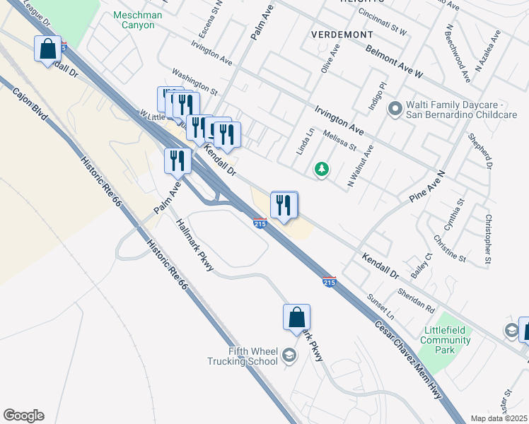 map of restaurants, bars, coffee shops, grocery stores, and more near Barstow Freeway in San Bernardino County
