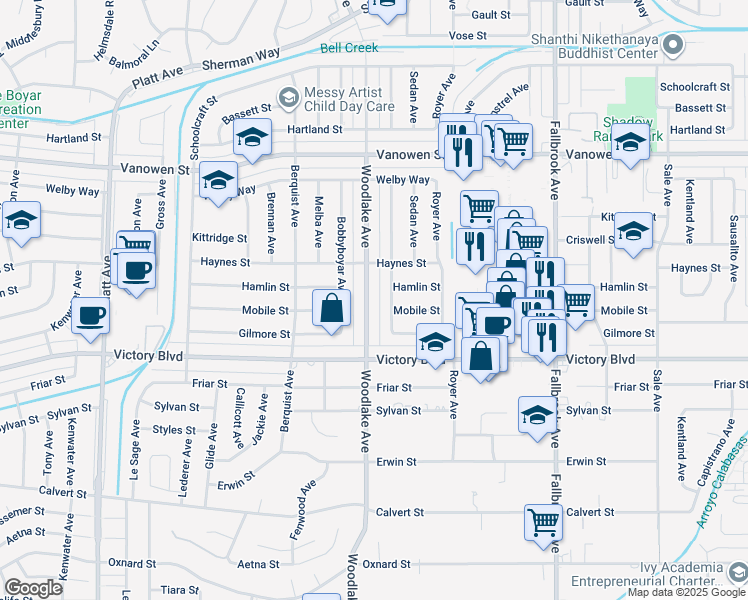 map of restaurants, bars, coffee shops, grocery stores, and more near 6508 Woodlake Avenue in Los Angeles
