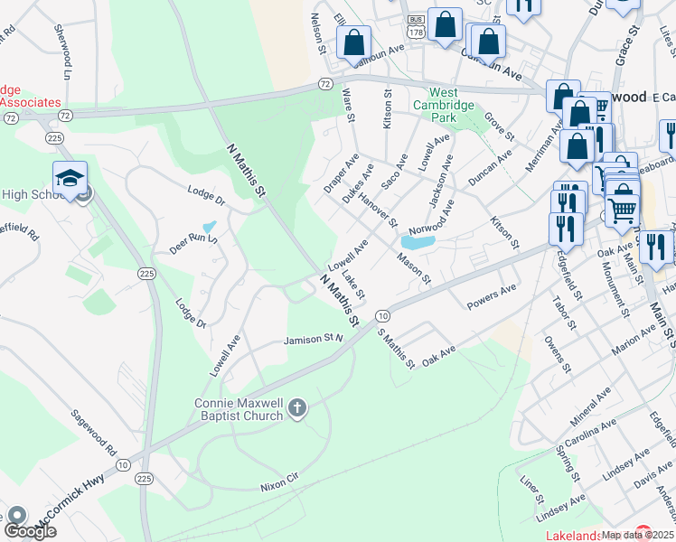 map of restaurants, bars, coffee shops, grocery stores, and more near 212 Mathis Street North in Greenwood