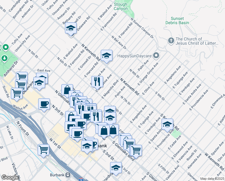 map of restaurants, bars, coffee shops, grocery stores, and more near 311 North 7th Street in Burbank