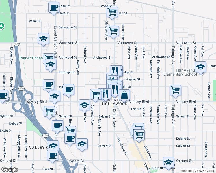 map of restaurants, bars, coffee shops, grocery stores, and more near 11726 Hamlin Street in Los Angeles