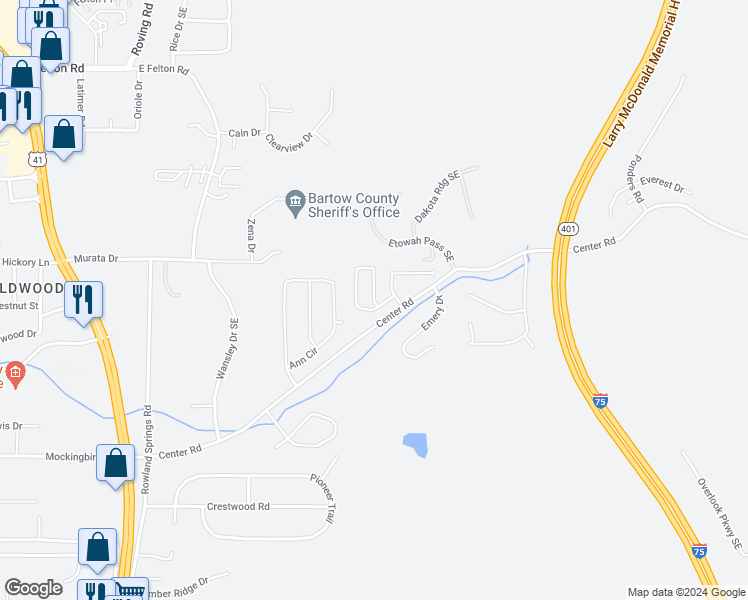 map of restaurants, bars, coffee shops, grocery stores, and more near 66 Wyndham Court in Cartersville