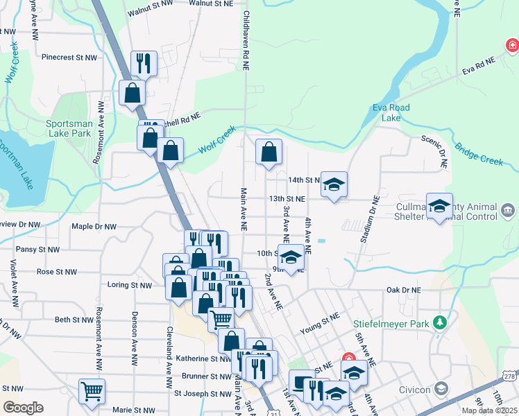 map of restaurants, bars, coffee shops, grocery stores, and more near 108 12th Street Northeast in Cullman