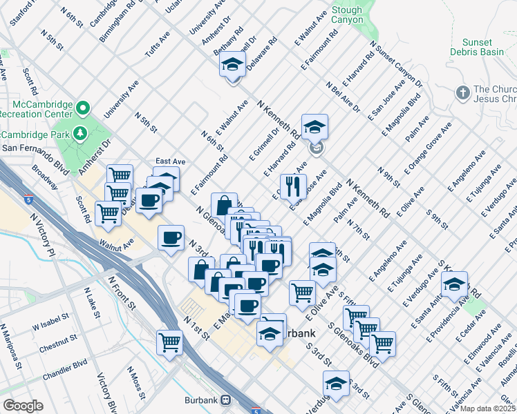 map of restaurants, bars, coffee shops, grocery stores, and more near 527 East Cypress Avenue in Burbank