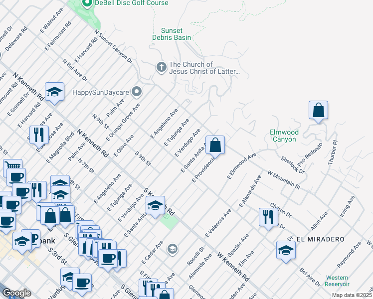 map of restaurants, bars, coffee shops, grocery stores, and more near 1026 East Verdugo Avenue in Burbank