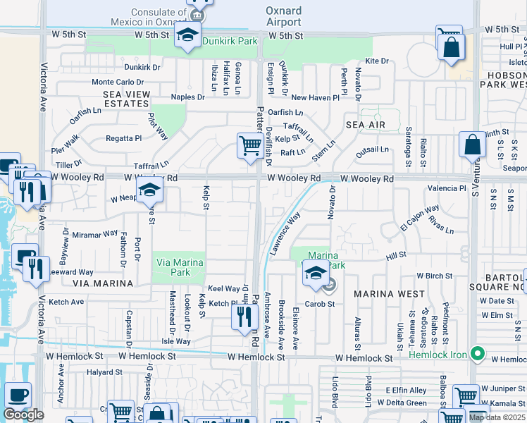 map of restaurants, bars, coffee shops, grocery stores, and more near 1241 Dominica Drive in Oxnard