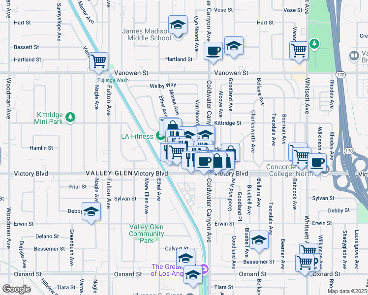 map of restaurants, bars, coffee shops, grocery stores, and more near 13005 Victory Boulevard in Los Angeles