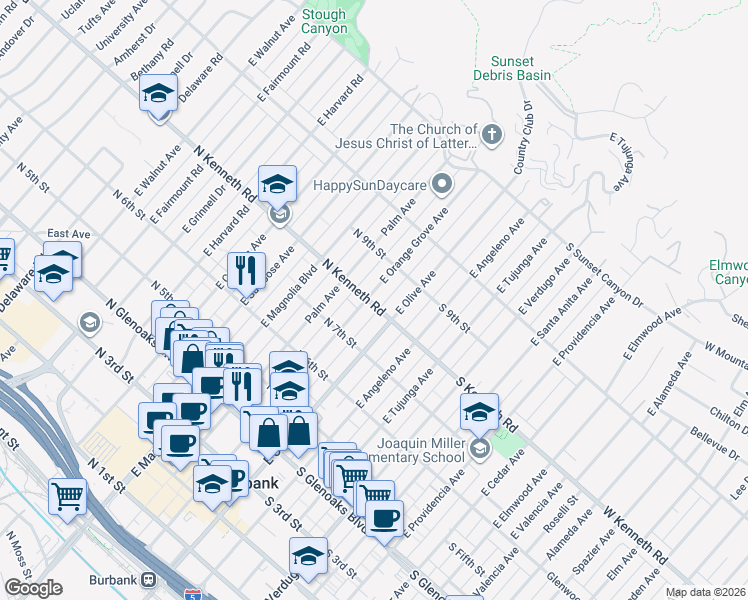 map of restaurants, bars, coffee shops, grocery stores, and more near 112 North Kenneth Road in Burbank