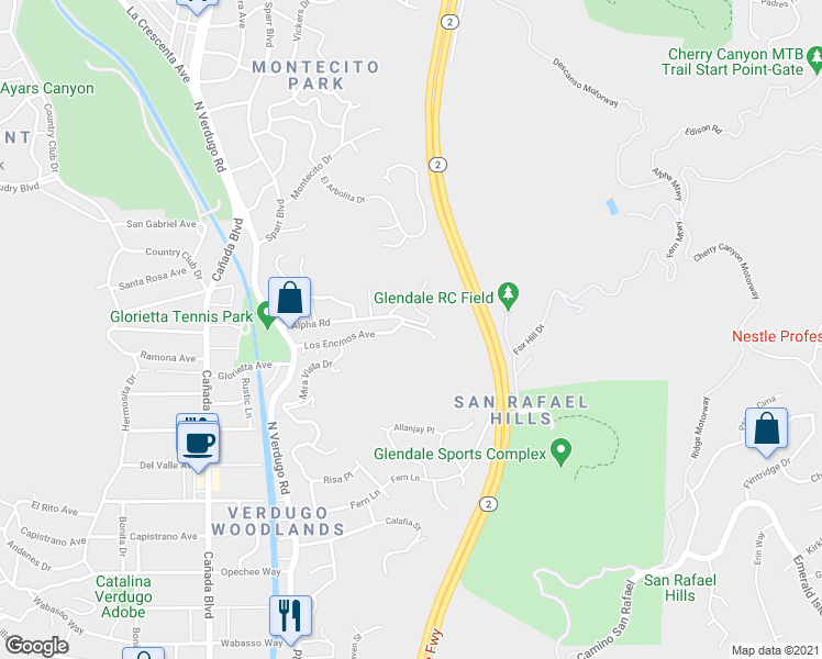 map of restaurants, bars, coffee shops, grocery stores, and more near 1912 Los Encinos Avenue in Glendale