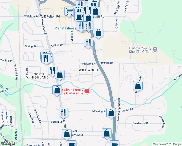 map of restaurants, bars, coffee shops, grocery stores, and more near 102 Pine Forest Road in Cartersville