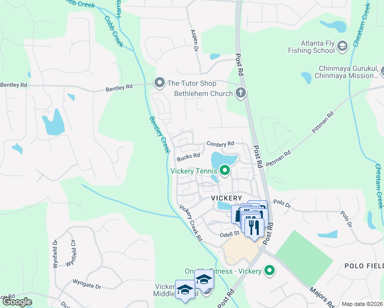 map of restaurants, bars, coffee shops, grocery stores, and more near 6865 Bucks Road in Cumming