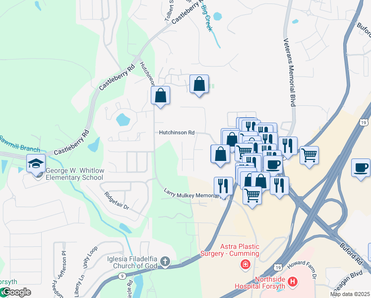map of restaurants, bars, coffee shops, grocery stores, and more near 3818 Verde Glen Lane in Cumming
