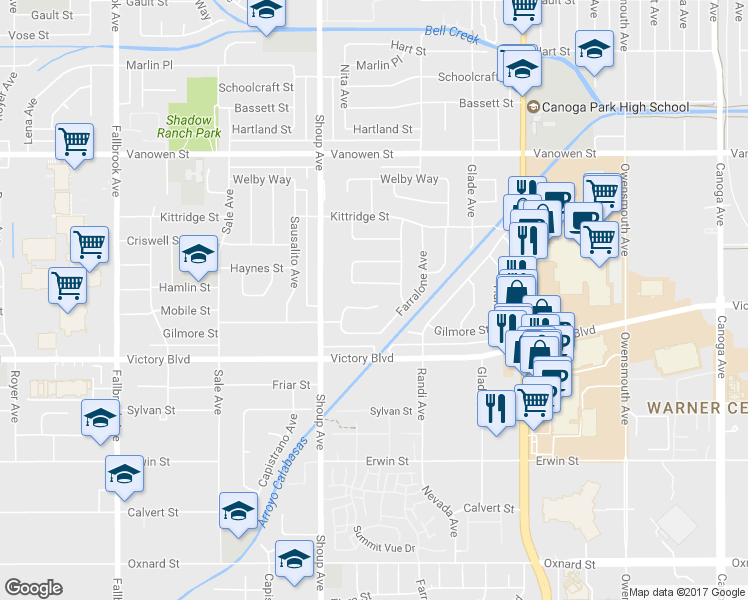map of restaurants, bars, coffee shops, grocery stores, and more near 22313 Mobile Street in Los Angeles