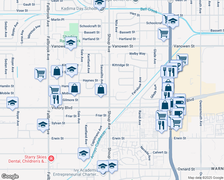 map of restaurants, bars, coffee shops, grocery stores, and more near 22361 Mobile Street in Los Angeles