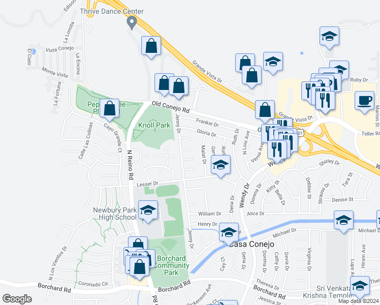 map of restaurants, bars, coffee shops, grocery stores, and more near 3458 Cary Court in Thousand Oaks
