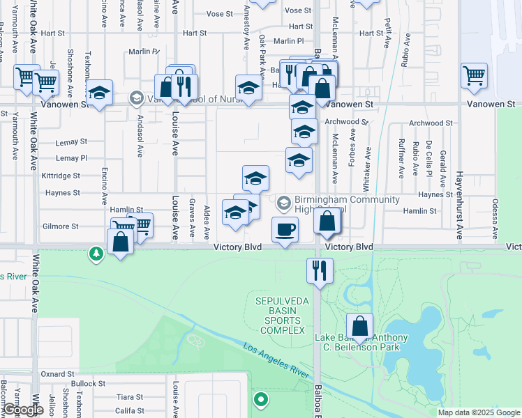 map of restaurants, bars, coffee shops, grocery stores, and more near 17000 Haynes Street in Los Angeles
