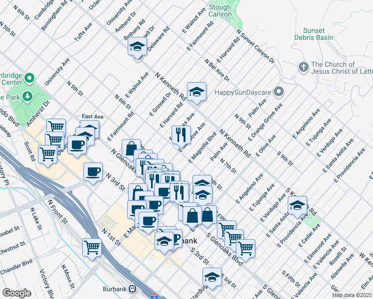 map of restaurants, bars, coffee shops, grocery stores, and more near 610 East San Jose Avenue in Burbank