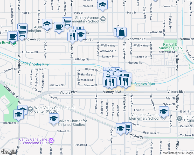map of restaurants, bars, coffee shops, grocery stores, and more near 19510 Mobile Street in Los Angeles