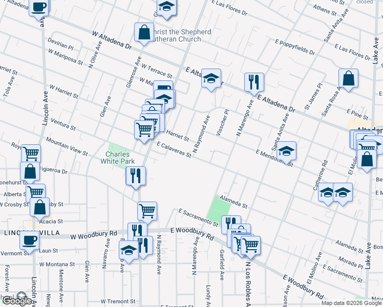 map of restaurants, bars, coffee shops, grocery stores, and more near 181 East Calaveras Street in Altadena